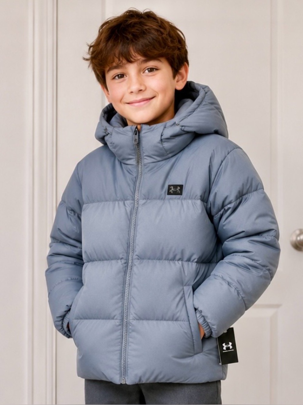 Under Armour YXL Kids Gray-Blue Hooded Puffer Jacket